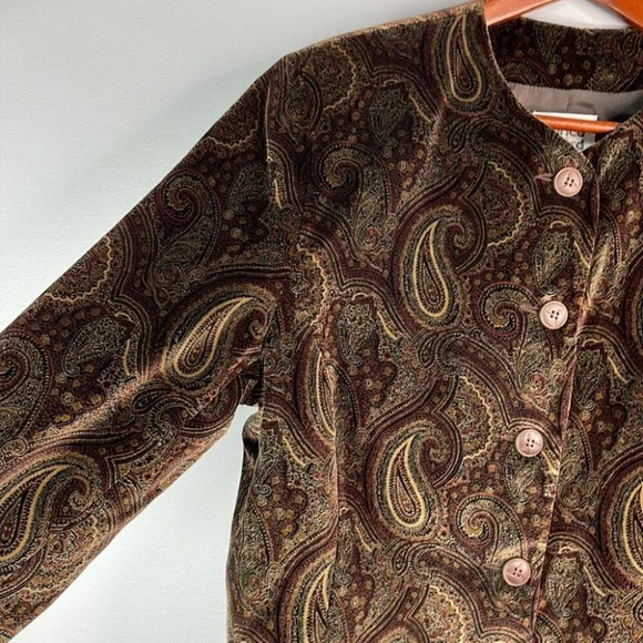VINTAGE Bianca Nygard Velvet Collarless Blazer Brown Paisley Single Breast 12 - Picture 6 of 12